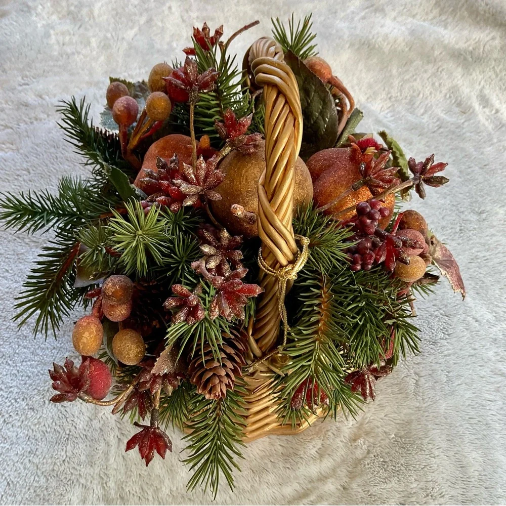 Gold Wicker Basket with Festive Holiday Flower Arrangement